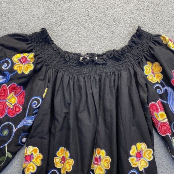 FERATILLI Black Floral Embroidered Off Shoulder Peasant Tunic Cotton Blouse Sz S - Picture 7 of 11